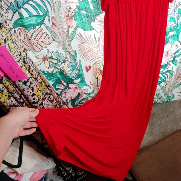 NICE COLLECTION red blouson maxi dress jersey stretch comfy summer resort vacati - Picture 7 of 8